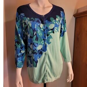 Isaac Mizrahi Seafoam Blue Floral Cotton Cardigan L Graphic Chic Lightweight